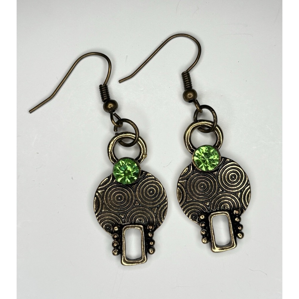 Boho Spiral Geometric Dangle Earrings Green Rhinestone Antiqued Brass Tone